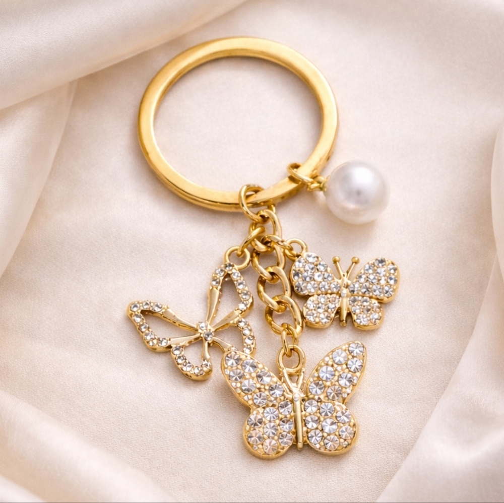 Butterfly Keychain with Rhinestones and Pearl Accents